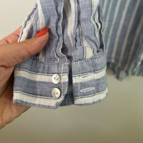 Nicole Miller 100% Linen Button Down Shirt M Blue White Stripe Roll Tab Sleeves - Picture 4 of 11
